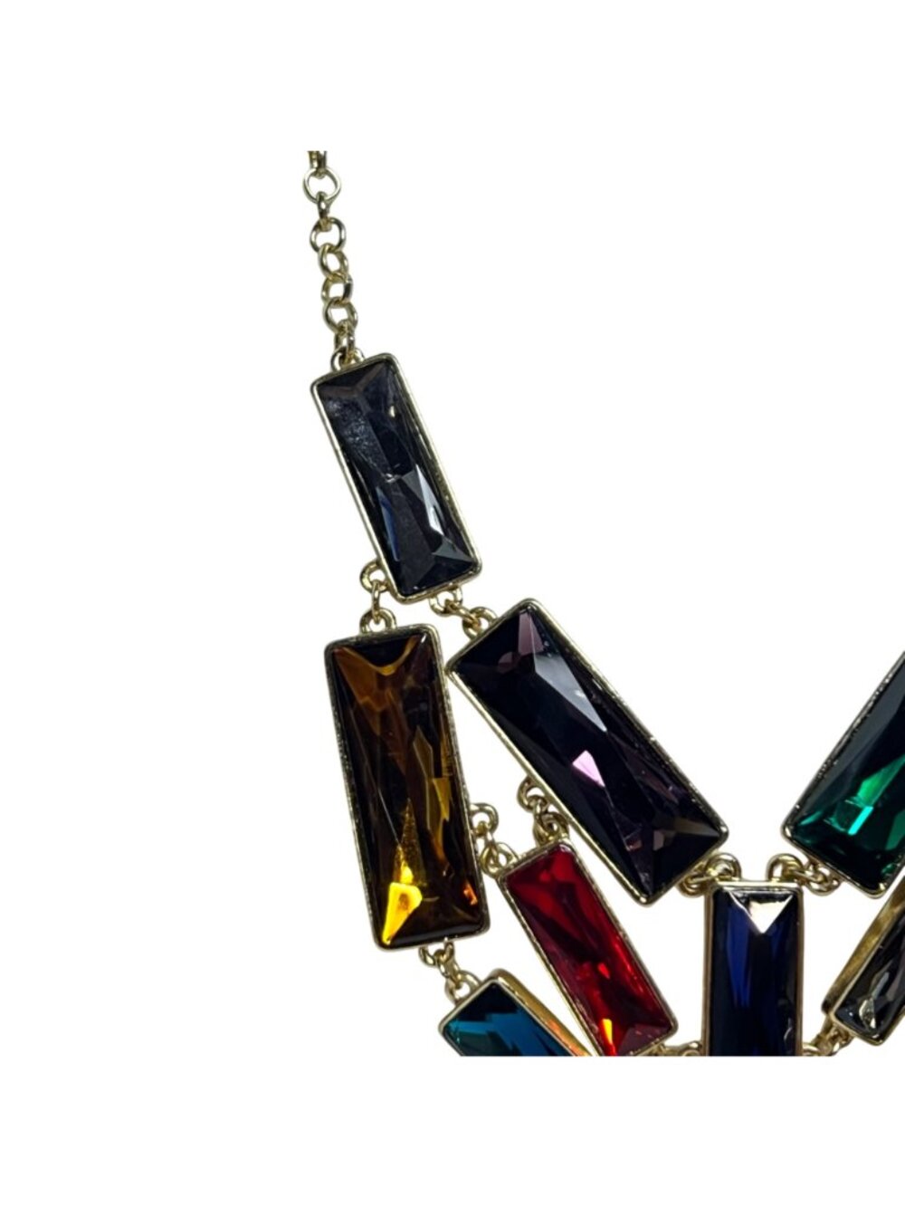 Gold Tone And Multicolored Rectangle Crystal Bib Necklace (6378) - Picture 2 of 7